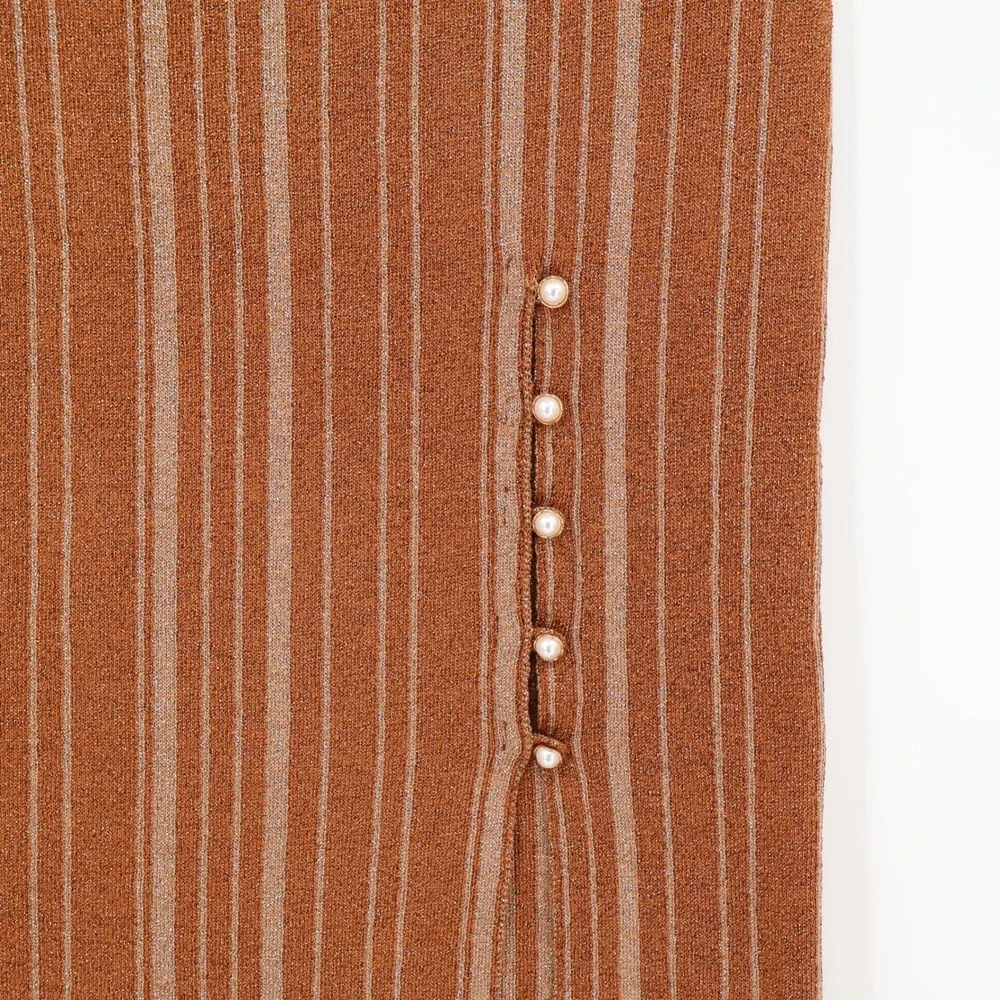 LPA Revolve Vance Midi Knit Skirt‎ Metallic Stripe Bronze Gold Pearl Size S